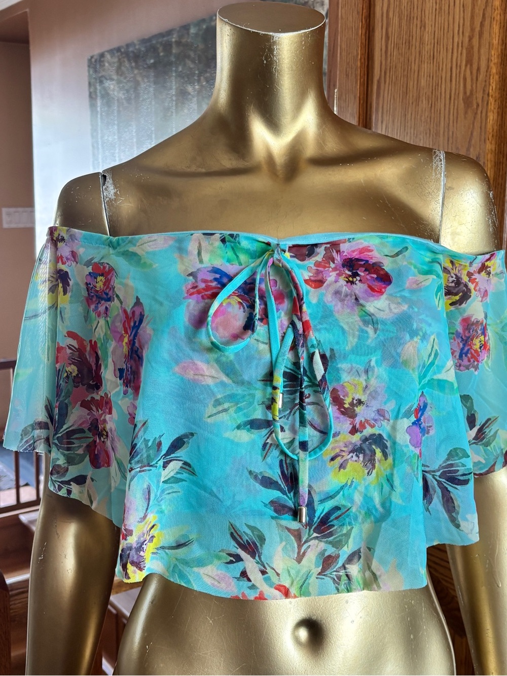 Marciano Aqua Floral Off-Shoulder Tie-Front Crop Top